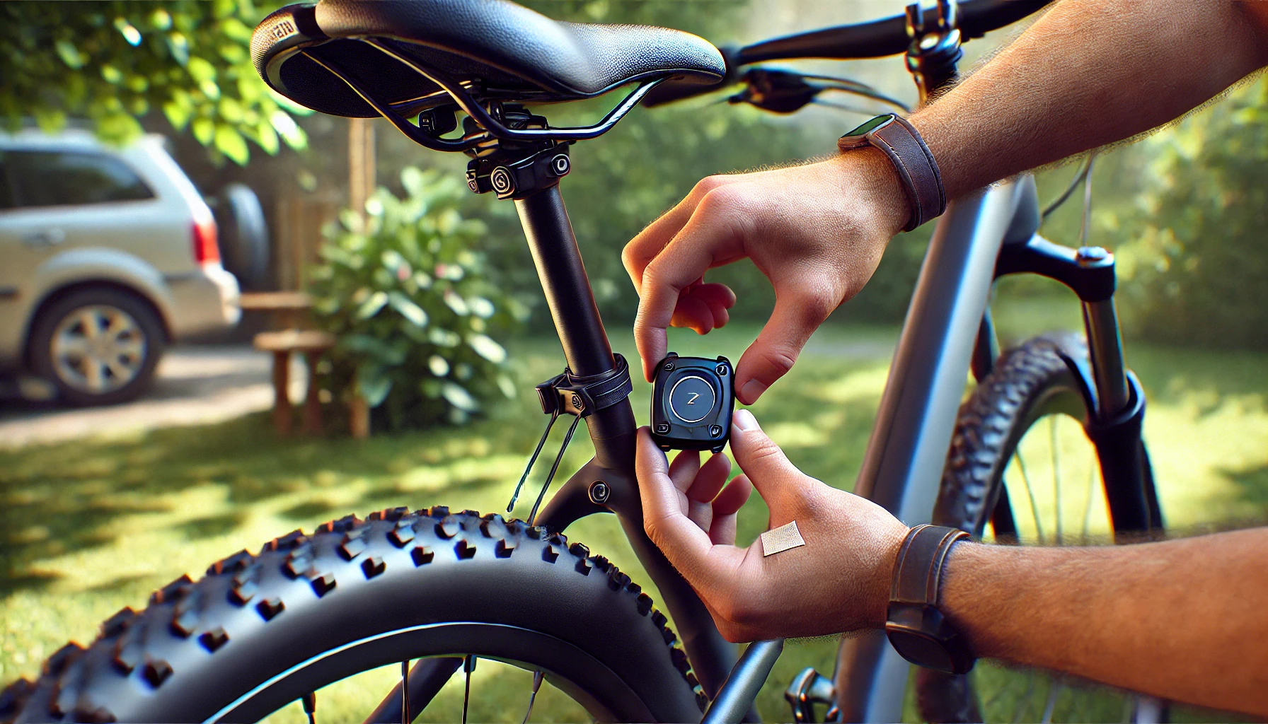 A cyclist is mounting a small, hidden GPS tracker under the bike's saddle.