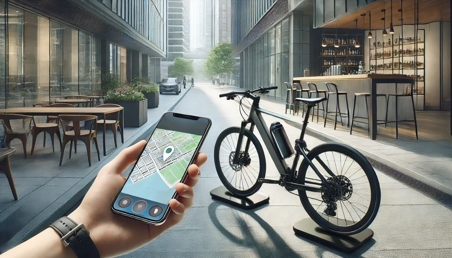A cyclist is testing the functionality of a hidden GPS tracker on their bike in a sleek urban setting.