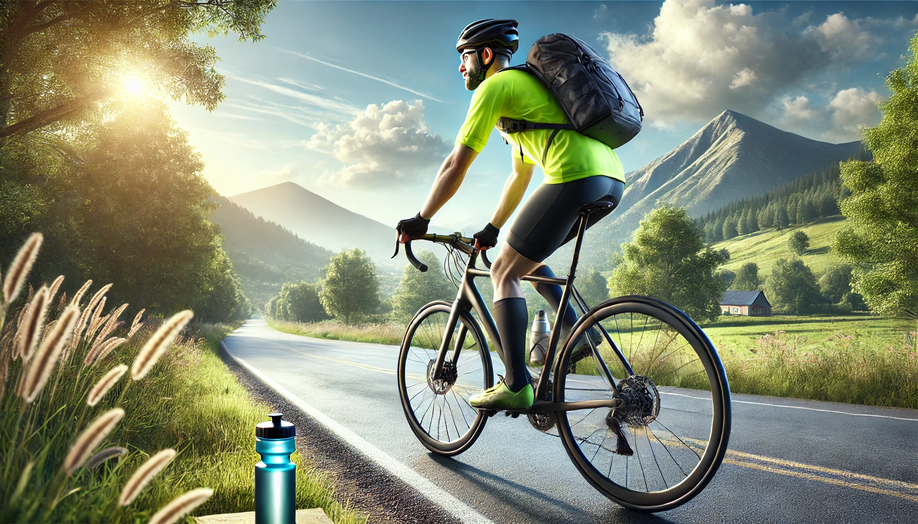 a cyclist riding a well-maintained bike on a road surrounded by nature, with the cyclist wearing a helmet and bright reflective clothing.