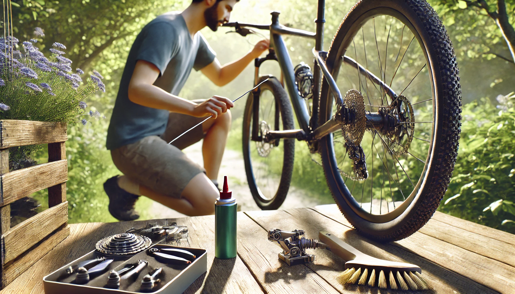 a cyclist performing bike maintenance, checking the brakes and cleaning the chain.