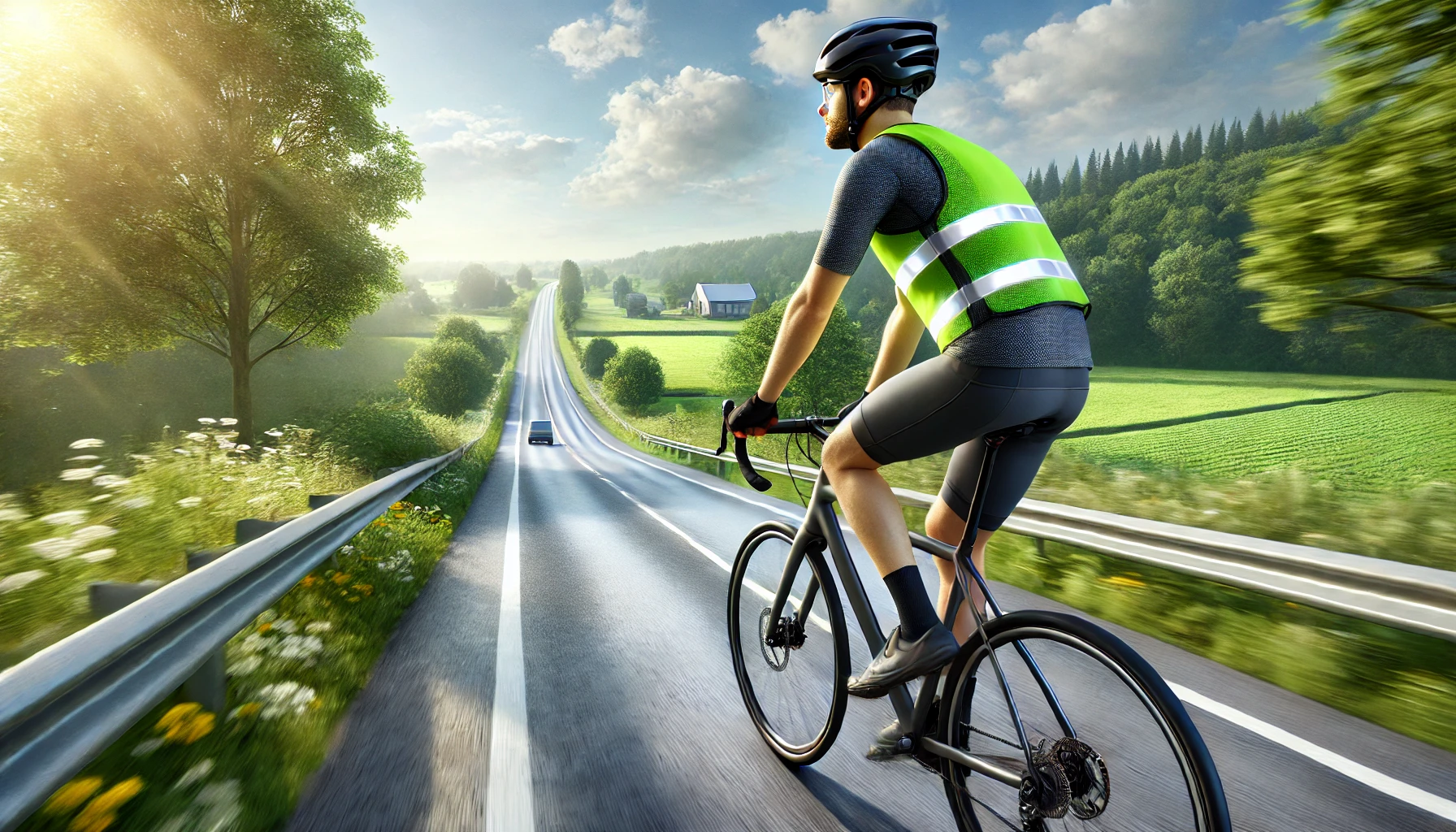 a cyclist on a road surrounded by nature, wearing a helmet and bright reflective gear for visibility.