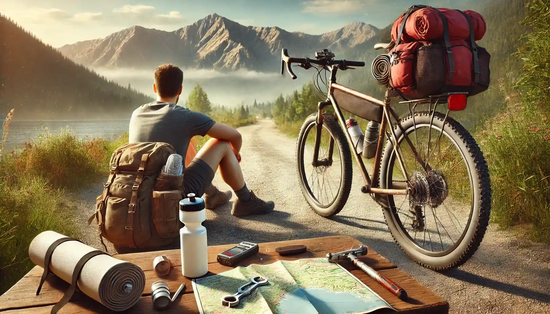 A cyclist is taking a break during a long bike trip. He is sitting near their loaded bicycle with bags, resting in a scenic outdoor setting with mountains in the background.