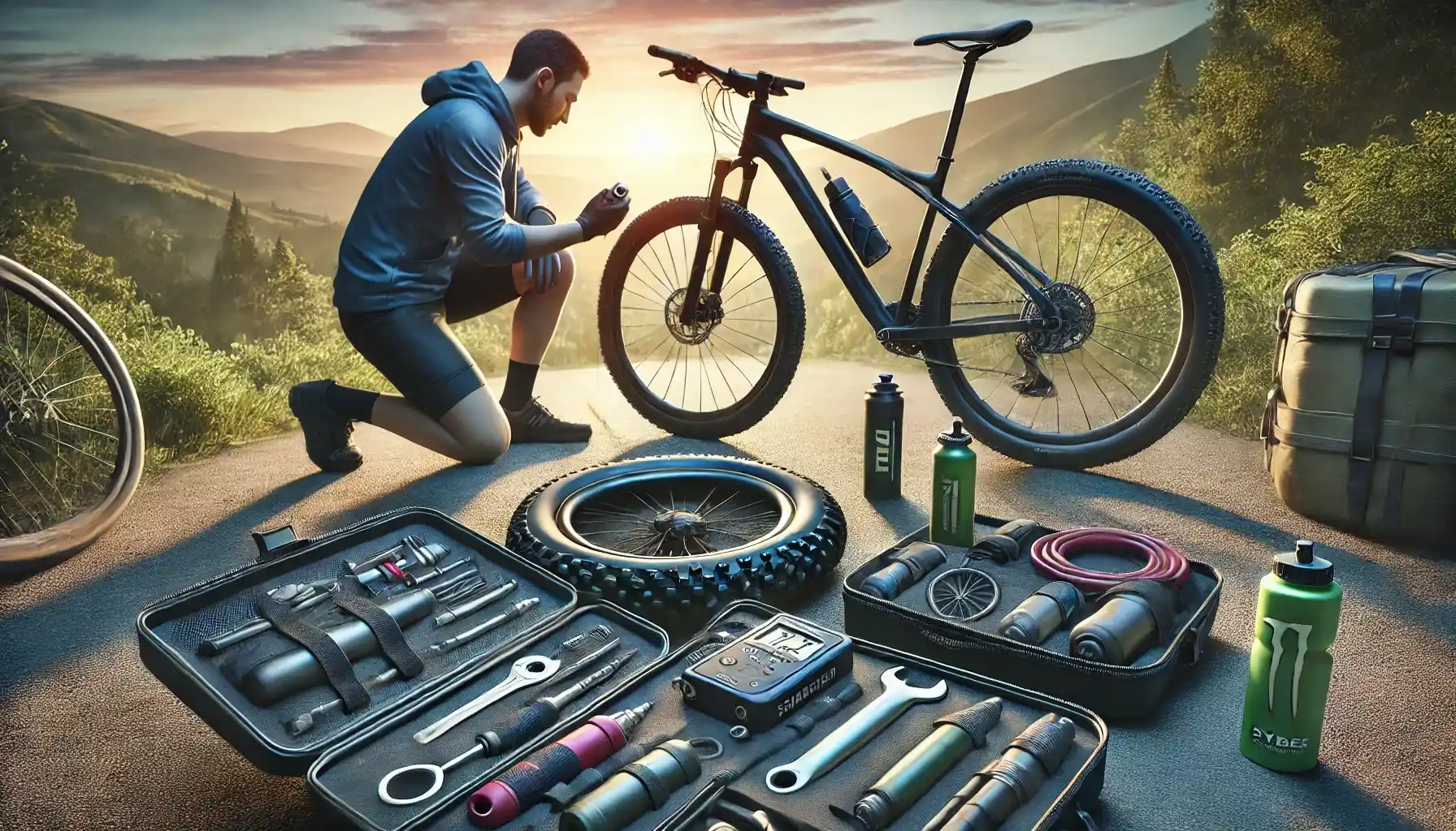 A cyclist is preparing his bike for a long trip.