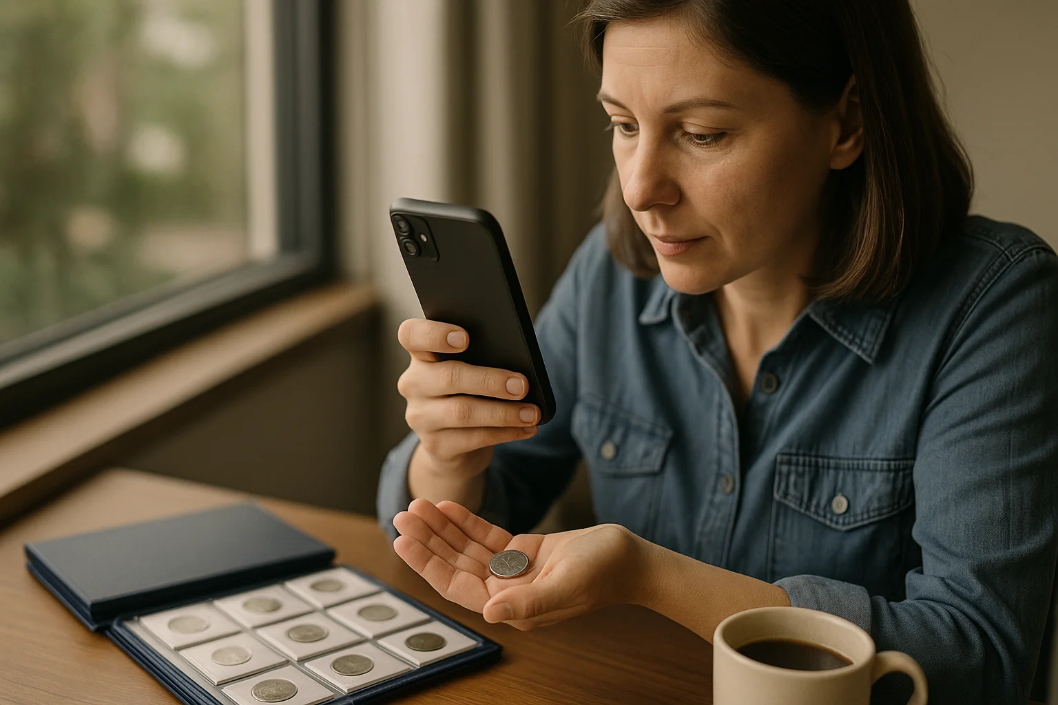  A woman photographs a collectible coin near a window, using her smartphone to document and organize her collection.