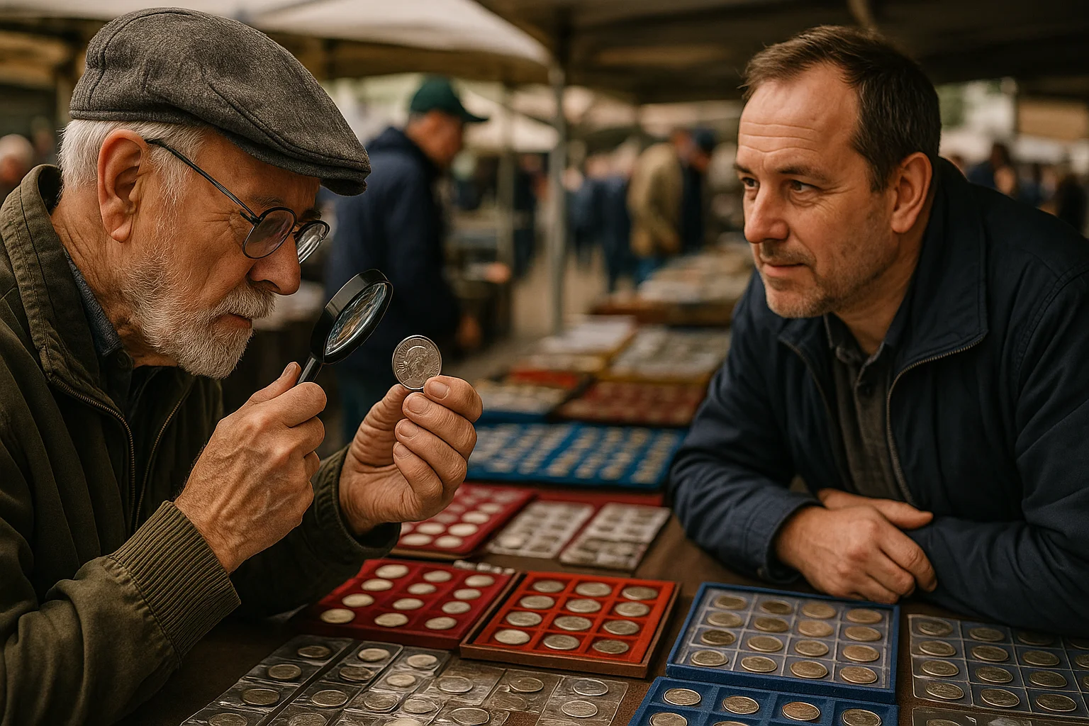 A coin collector at an outdoor market carefully examines a silver quarter through a magnifying glass.