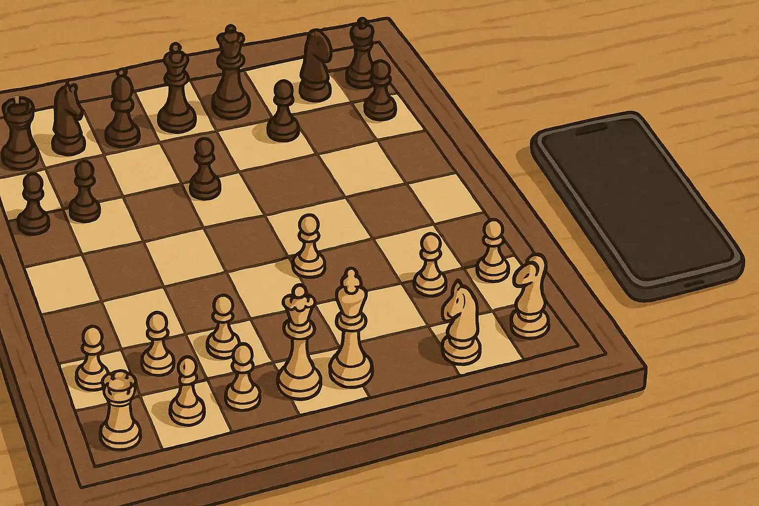 Chessboard with white and black pieces in play on a wooden surface, with a smartphone placed nearby.