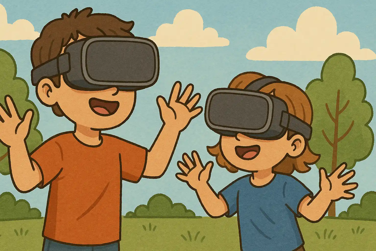 Two children outdoors wearing VR headsets, smiling and raising their hands while playing.