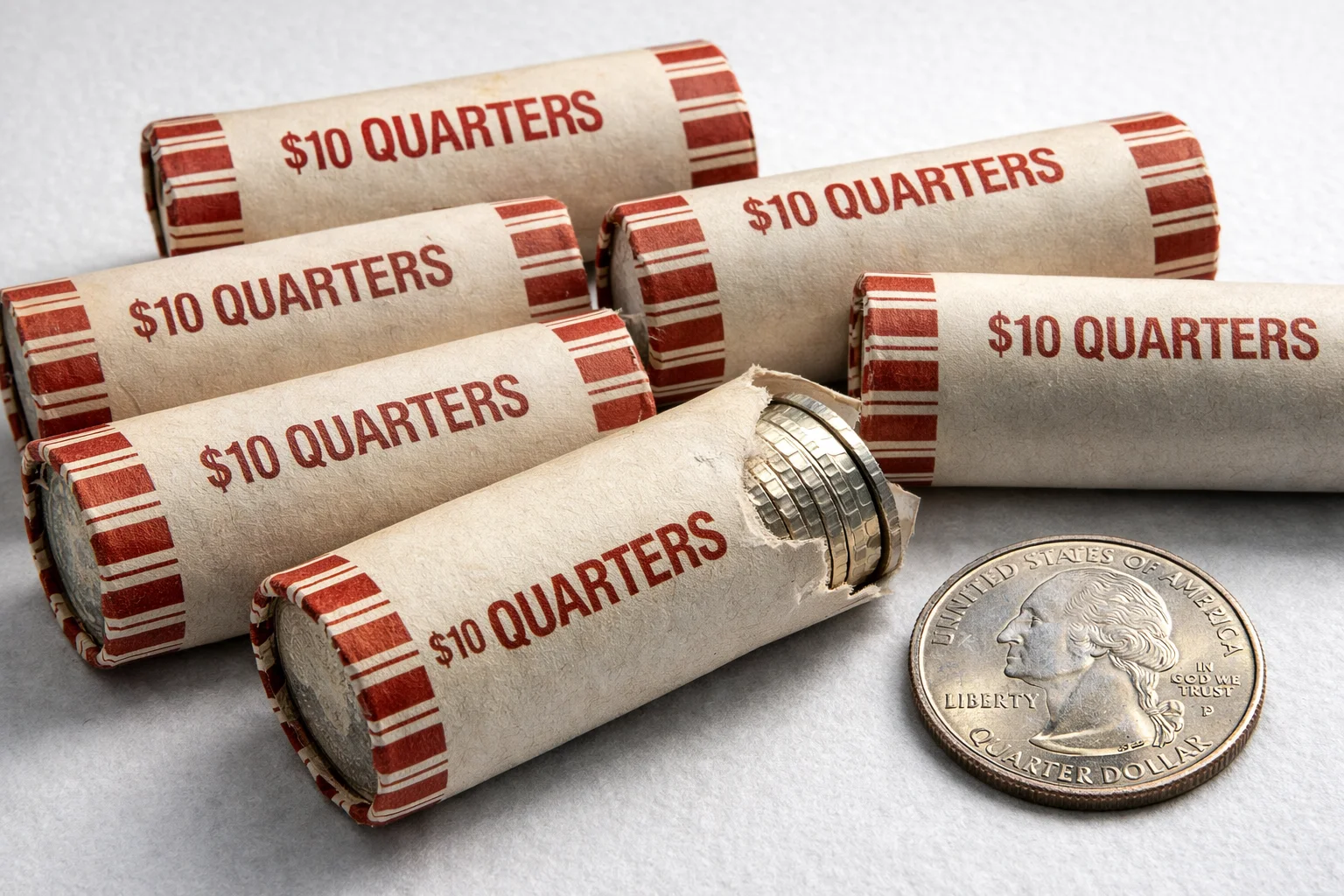 Bank-wrapped rolls of 2001 quarters with one coin displayed on gray surface.